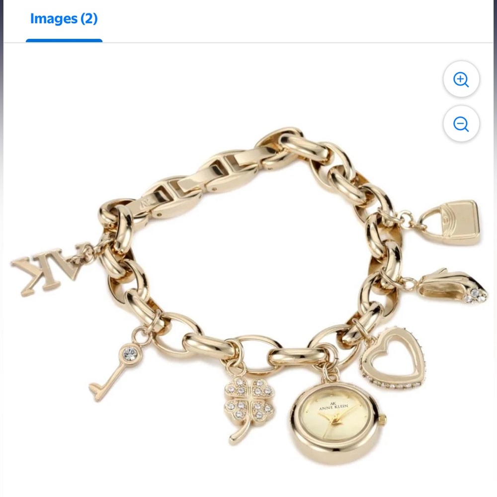 Anne Klein Gold Charm Bracelet Working Watch‎ with Shoe, Bag, and Clover Charms